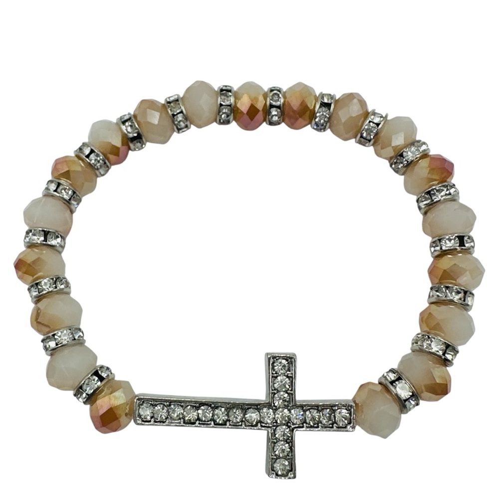 Sideways Cross Cream / Brown Glass Beaded Stretch Bracelet